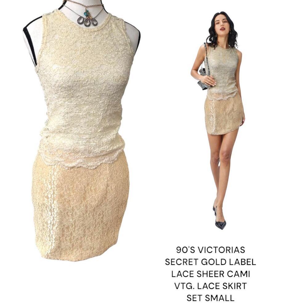 90'S vtg Victoria's Secret Gold label Lace sheer tank & lace skirt set SMALL